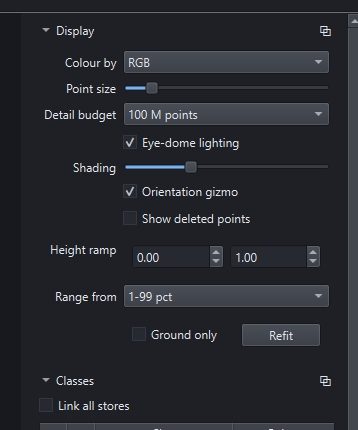 The Display panel: colour mode, point size, detail budget, eye-dome lighting, shading, and a height ramp with a range rule, a ground-only checkbox and a Refit button.
