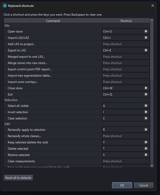 The keyboard shortcuts dialog listing File, Selection and Edit commands, each with an editable shortcut cell and a clear button.